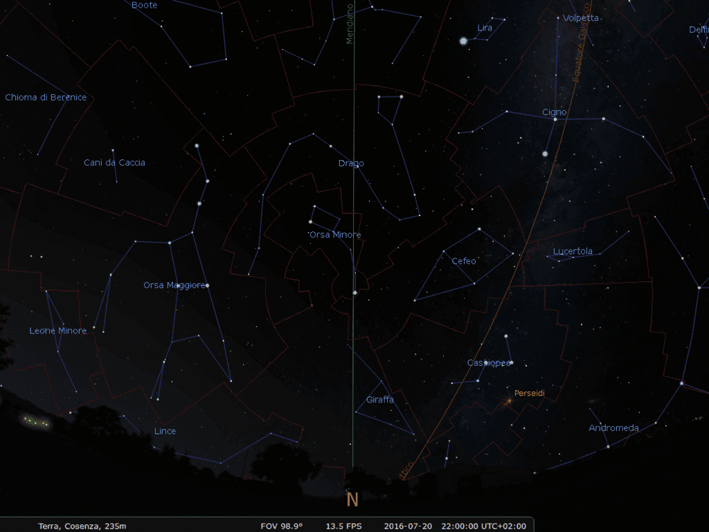 La disposizione delle costellazioni visibili in direzione Nord alla data, all'ora e nel giorno indicati nell'immagine