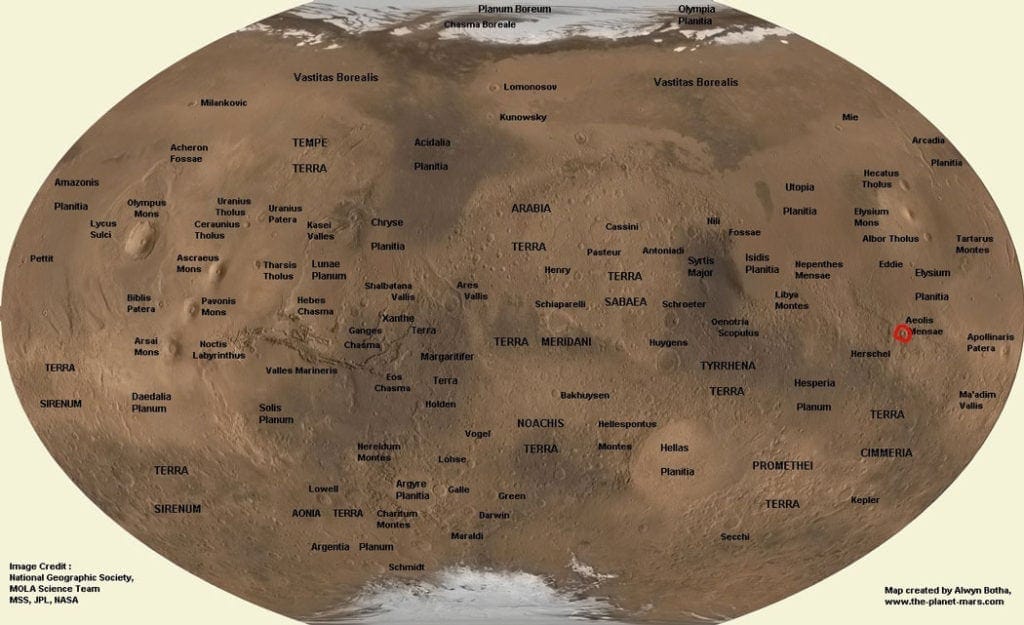 Mappa di Marte con indicato, nella zona in rosso, il sito del Cratere Gale, zona di attività di Curiosity.