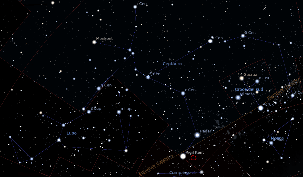 La costellazione australe del Centauro con la posizione di Proxima indicata dal cerchietto rosso.