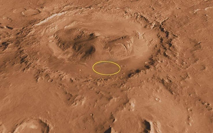 Marte: Vista del cratere Gale, il cerchio in giallo indica il luogo di atterraggio del rover Curiosity