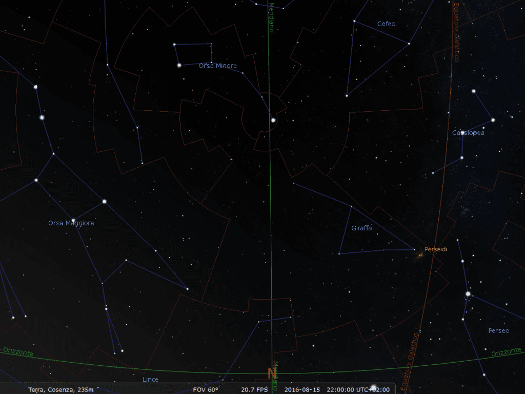 Le costellazioni visibili, alle coordinate spaziali e temporali indicate nell'immagine, guardando verso Nord.