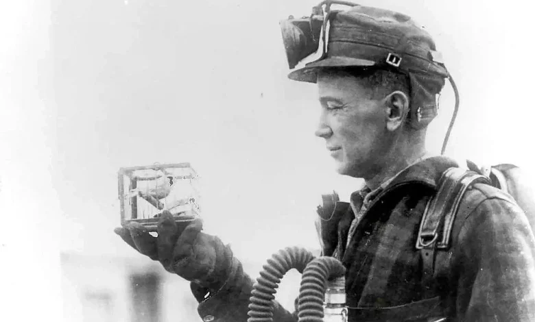 un minatore con il suo armamentario e una gabbia in mano con dentro un canarino