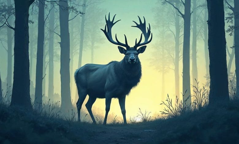il cervo Eikthyrnir in lontananza con della luce da dietro e delle corna maestose