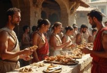 delle persone nell'antica maiorca che mangiano street food dell'epoca