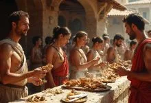 delle persone nell'antica maiorca che mangiano street food dell'epoca
