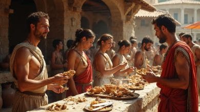 delle persone nell'antica maiorca che mangiano street food dell'epoca
