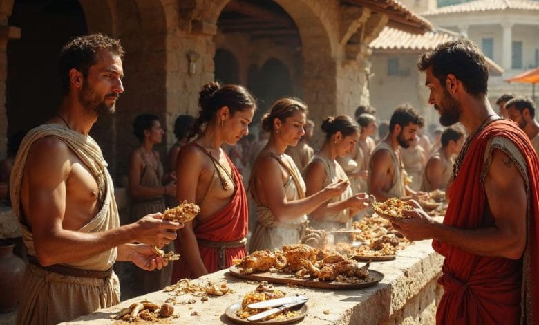 delle persone nell'antica maiorca che mangiano street food dell'epoca