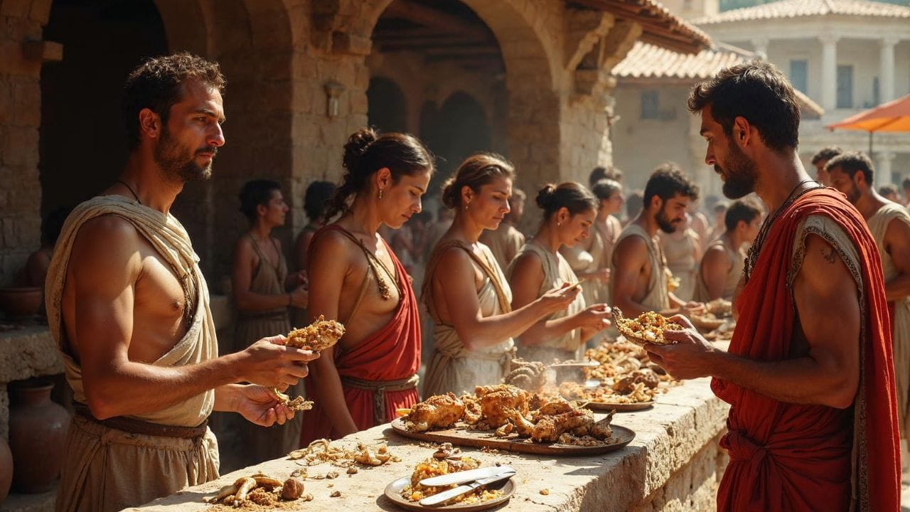 delle persone nell'antica maiorca che mangiano street food dell'epoca
