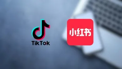 i loghi di tiktok e rednote su un'immagine sfocata che mostra una tastiera e uno smartphone