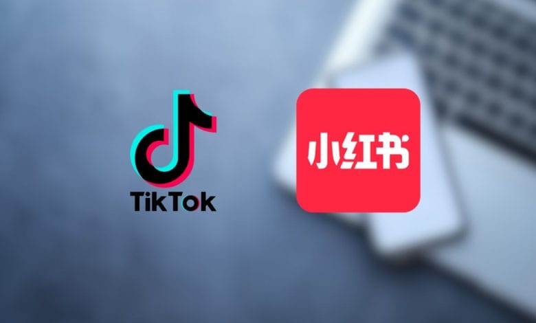 i loghi di tiktok e rednote su un'immagine sfocata che mostra una tastiera e uno smartphone