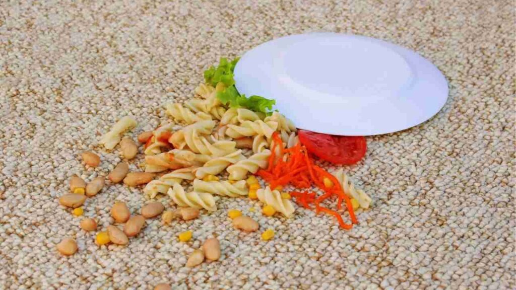 un piatto di pasta capovolto sulla moquette
