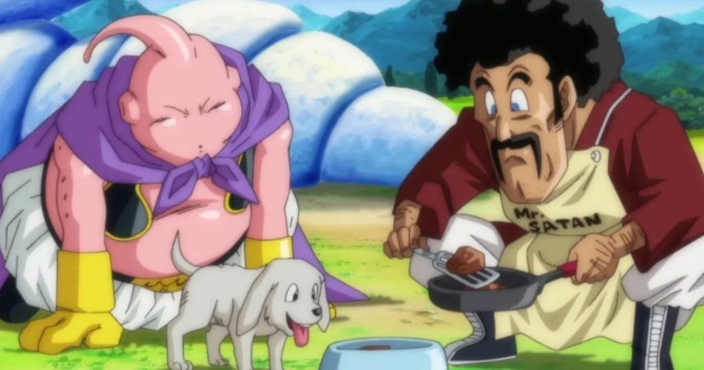 sena di dragon ball dove mr. satan insegna a majin buu a dare da mangiare a un cane
