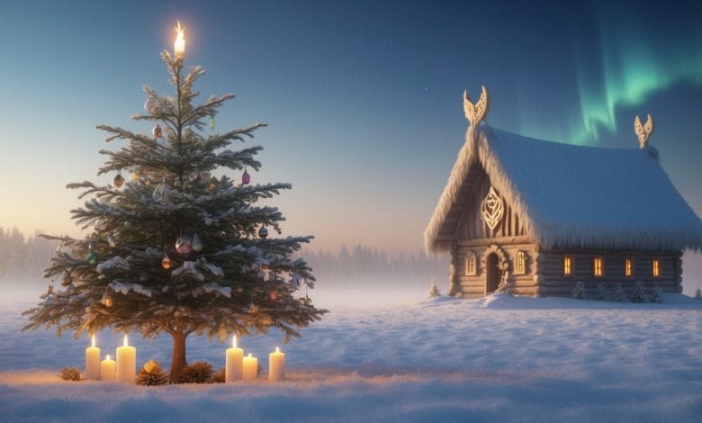 rappresentazione del yule pagano con albero addobbato e casa norrena sullo sfondo