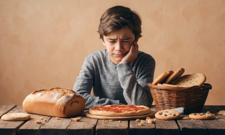 un ragazzo celiaco pensieroso davanti a dei prodotti con glutine