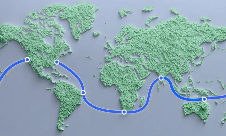 una mappa del mondo che fa vedere dove passerà il cavo internet sottomarino di meta