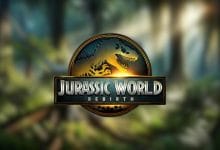 logo di jurassic world rebirth su uno sfondo sfocato di una foresta