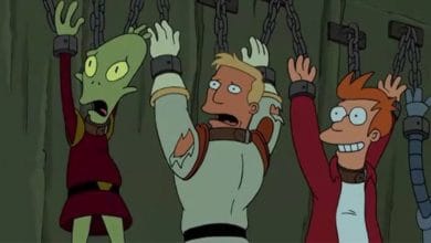 scena iconica di futurama in cui fry e altri due personaggi sono catturati da delle gigantesse