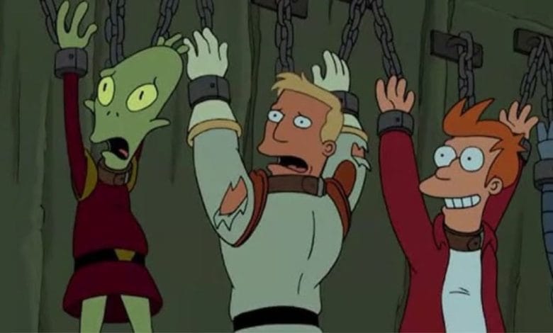 scena iconica di futurama in cui fry e altri due personaggi sono catturati da delle gigantesse