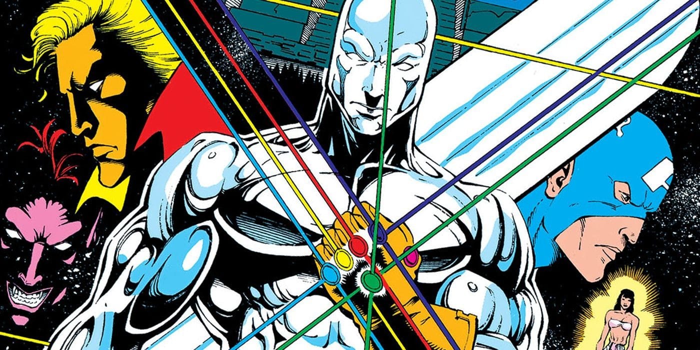 silver surfer che tiene il guanto dell'infinito in una copertina di un fumetto ormai vecchio