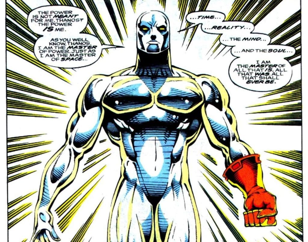 silver surfer in einem alten Comic-Bild, das den Infinity-Handschuh trägt