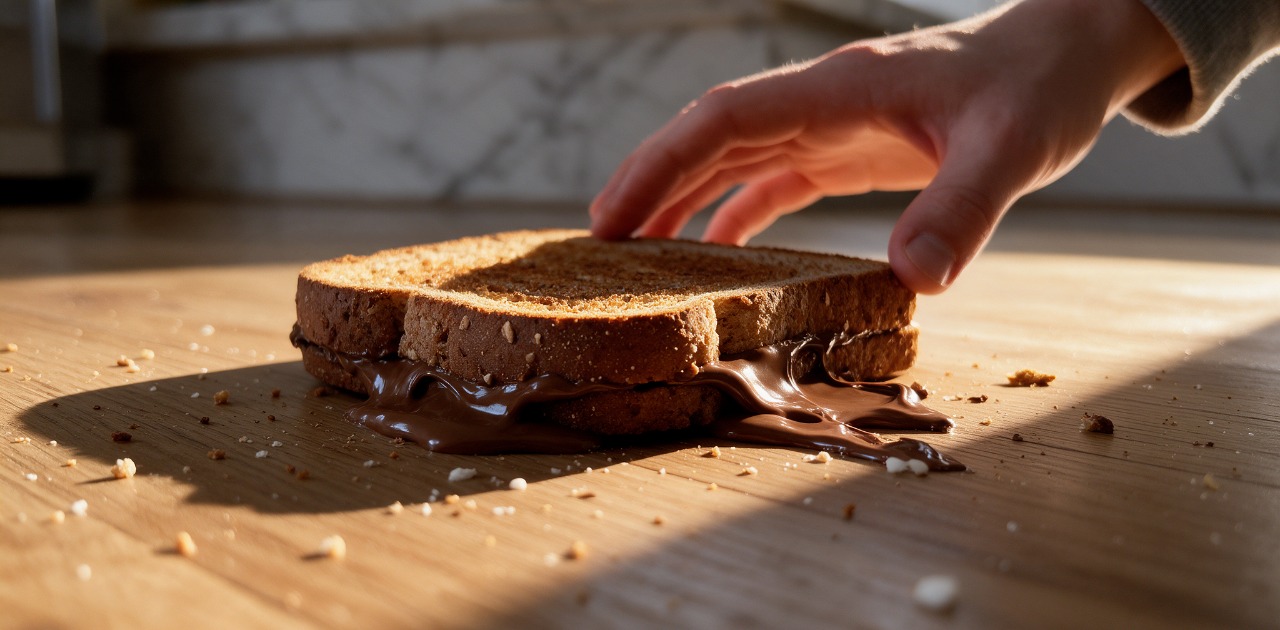 un sandwich con la nutella o cioccolata che cade per terra