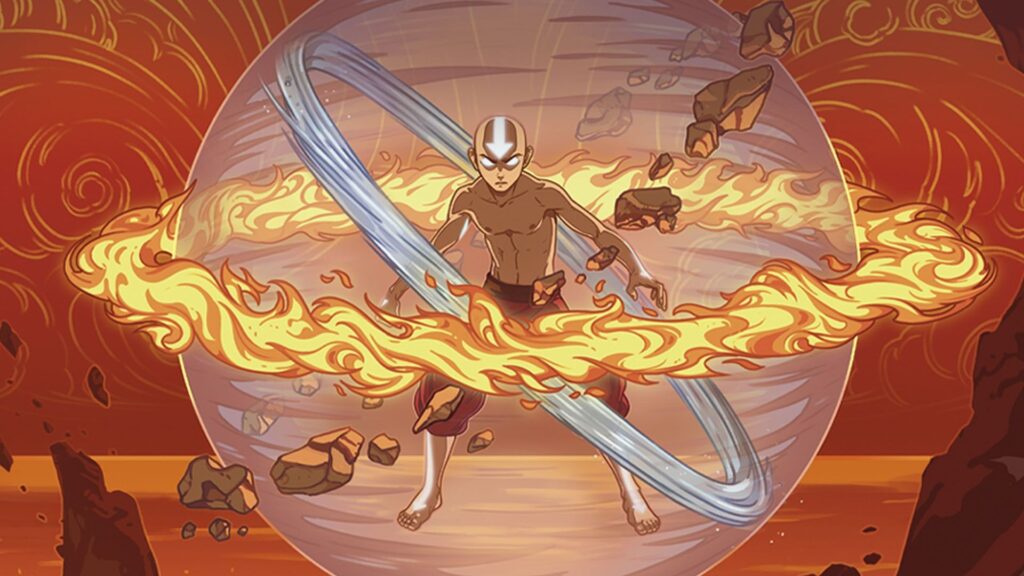avatar aang che applica il dominio di tutti gli elementi naturali