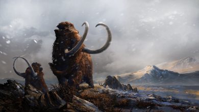 una concept art che ritrae un branco di mammut su uno sfondo di montagne