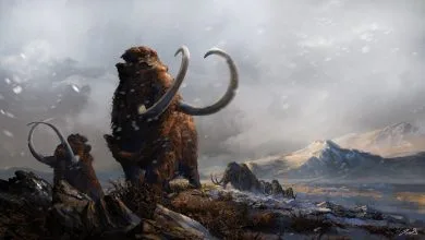 una concept art che ritrae un branco di mammut su uno sfondo di montagne