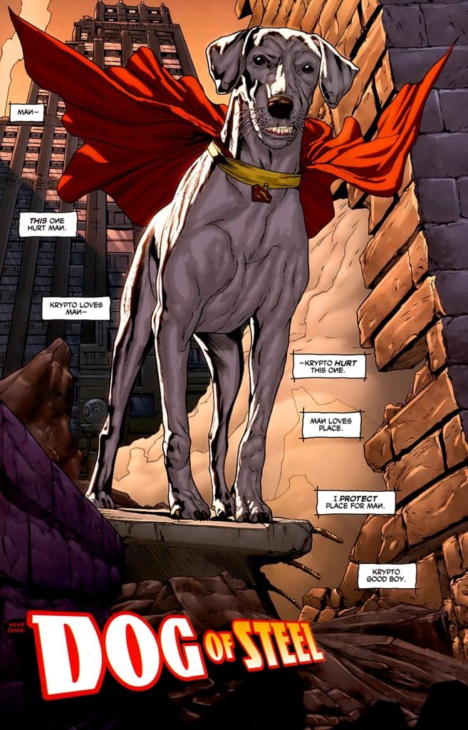 un'immagine dei comics americani che mostra il cane crypto in tutta la sua magnificenza con il mantello rosso