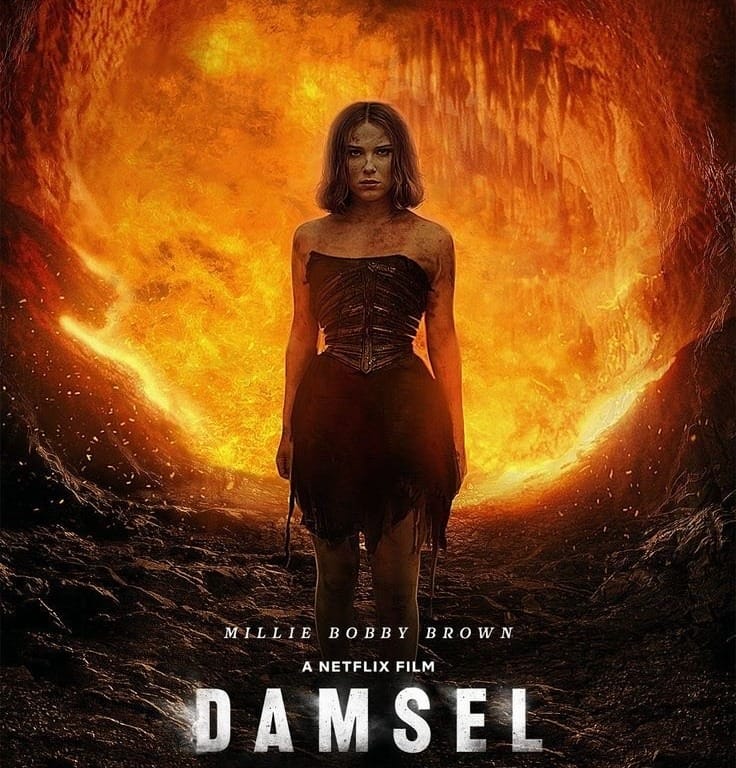 posterul filmului damsel, cu millie bobby brown protagonistă, în spatele ei un zid de foc