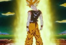 goku di spalle nel momento in cui si trasforma per la prima volta in super saiyan