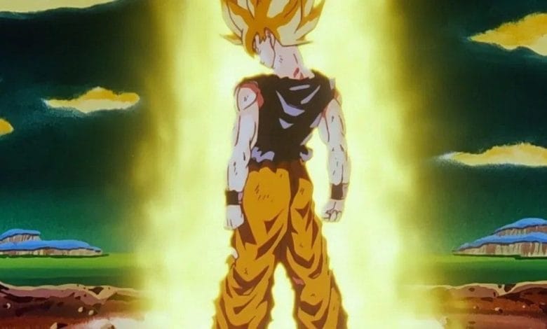 goku di spalle nel momento in cui si trasforma per la prima volta in super saiyan