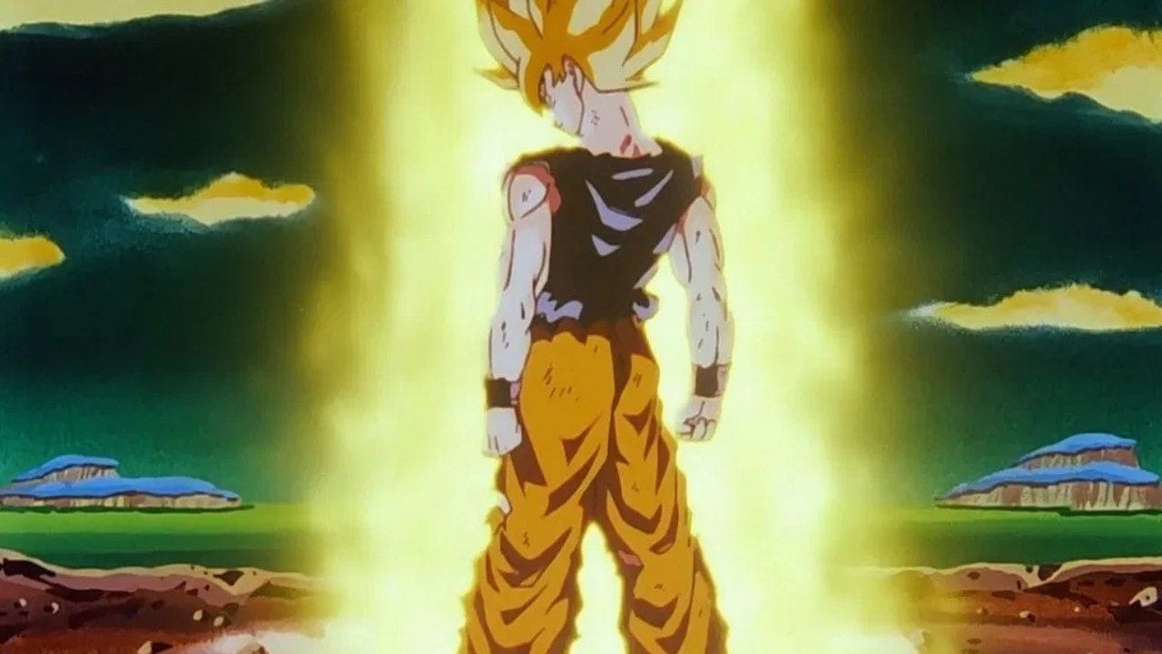 goku di spalle nel momento in cui si trasforma per la prima volta in super saiyan