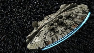 millennium falcon di star wars che sfreccia nello spazio profondo