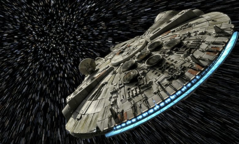 millennium falcon di star wars che sfreccia nello spazio profondo