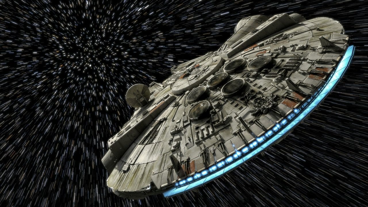 millennium falcon di star wars che sfreccia nello spazio profondo