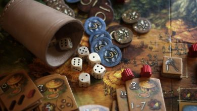 un tabellone, dei dadi da gioco e pedine per dei board games da tavolo