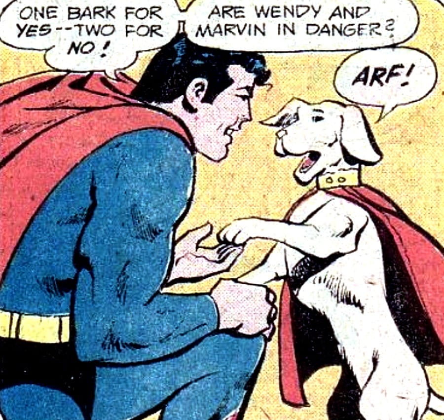 superman adulto che parla con il cane crypto in una tavola dei fumetti originali