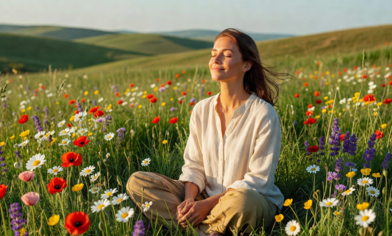 una persona che si rilassa nella natura ed è in pace con sé stessa