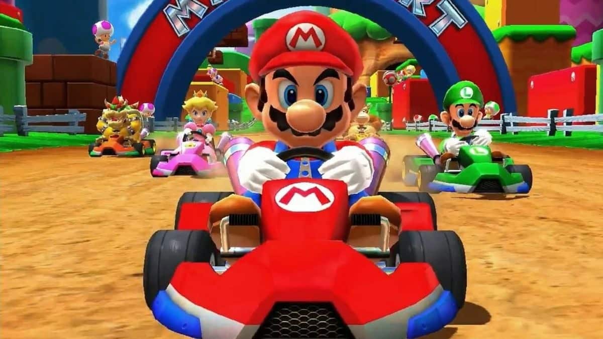 mario sul go kart rosso fuoco in pole position