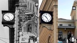 L'orologio all'attentato della stazione di Bologna, immediatamente dopo e come è ora. ( foto: Corriere della Sera)