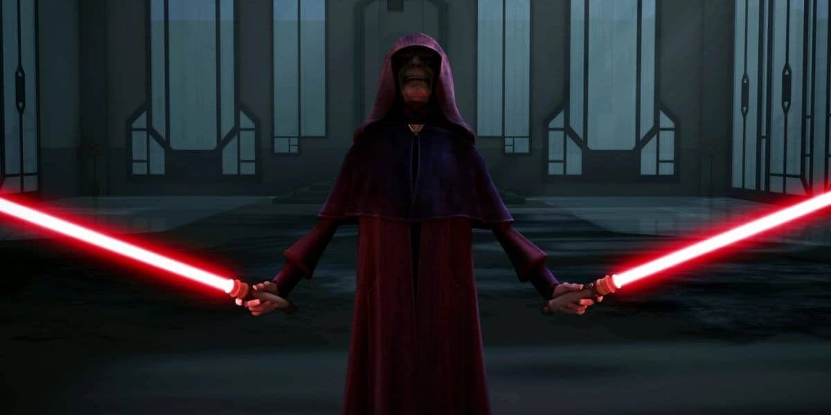 darth sidious in clone wars con spade laser rosse