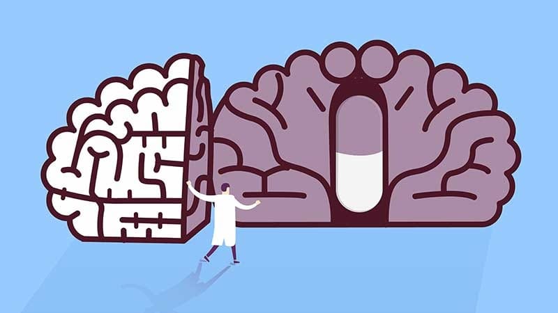 un'illustrazione di un cervello aperto da un medico che cerca di curarlo