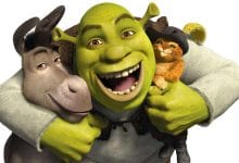 shrek insieme al gatto con gli stivali e ciuchino