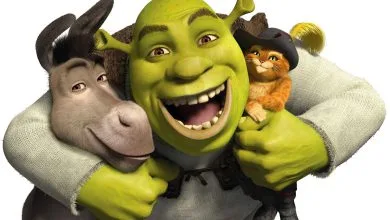 shrek insieme al gatto con gli stivali e ciuchino