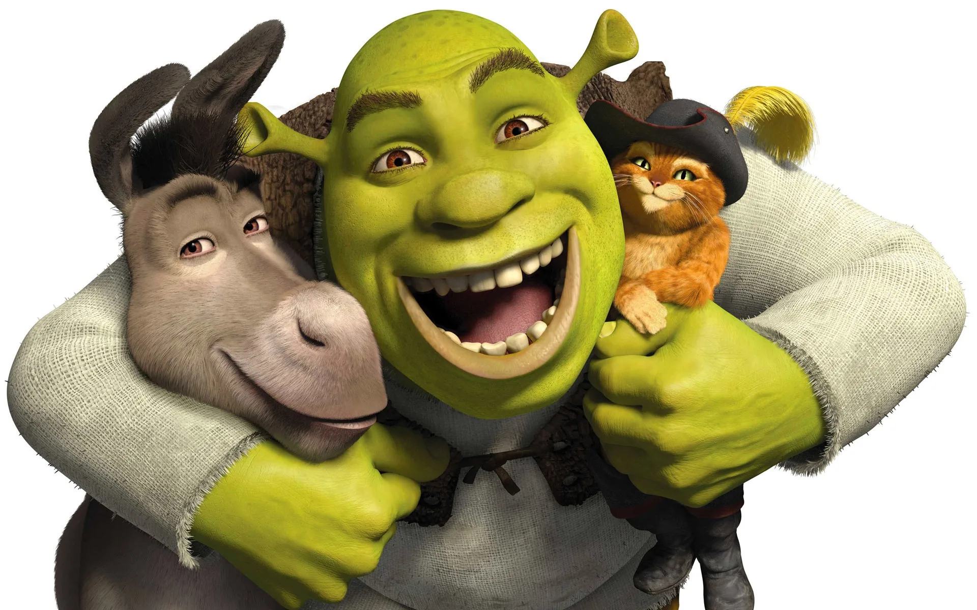 shrek insieme al gatto con gli stivali e ciuchino