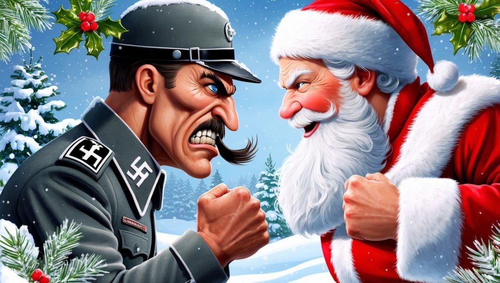 un cattivo in guerra che combatte babbo natale