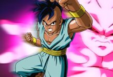 il personaggio uub con buu alle sue spalle in dragon ball