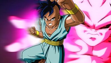 il personaggio uub con buu alle sue spalle in dragon ball